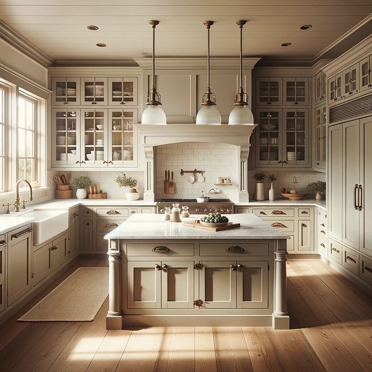 a large kitchen with white cabinets and wooden floors is pictured in this image, there are several hanging lights above the island