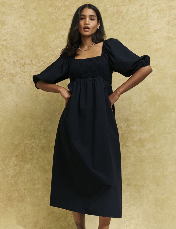 Midi Smock Dress, Black Midi, White Trainers, Smock Dress, Summer 2023, Black Midi Dress, Puff Sleeves, Square Neck, Classic Black