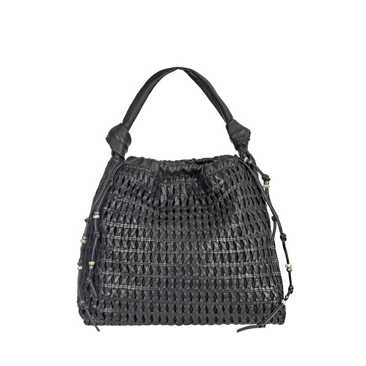 Woven leather shoulder bag, large size Snap top and coulisse closure Top leather handle, 48 cm / 18.89" Inside: linen lining, one zip pocket and one leather pocket with snap closure Dimensions: H.32 x W.42 x D.14 cm / 12.99" x 16.53" x 5.51" Handmade bag, made in Vigevano (Italy) Henry Beguelin Bag BD5740 Canotta Arricciata L Intr. Bambù Brown Crochet Bag With Leather Handles, Eco-friendly Brown Crochet Bag With Woven Leather, Artisan Brown Bag With Fringe, Artisan Brown Vegetable-tanned Shoulder Bag, Brown Hobo Bag With Silver-tone Hardware, Leather Pocket, East Europe, Vintage Hippie, Handmade Bag