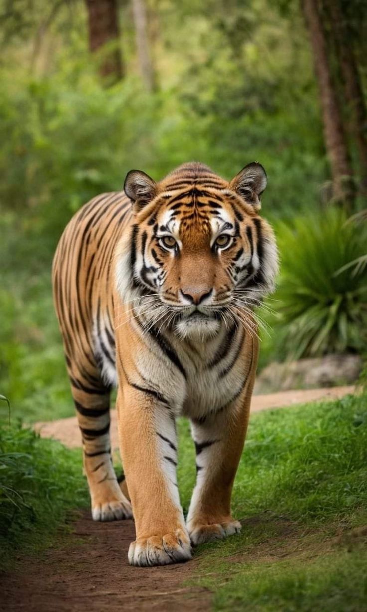 a tiger walking down a path in the woods