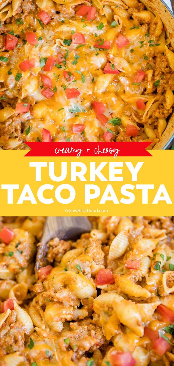 turkey taco pasta in a casserole dish with a wooden spoon on the side