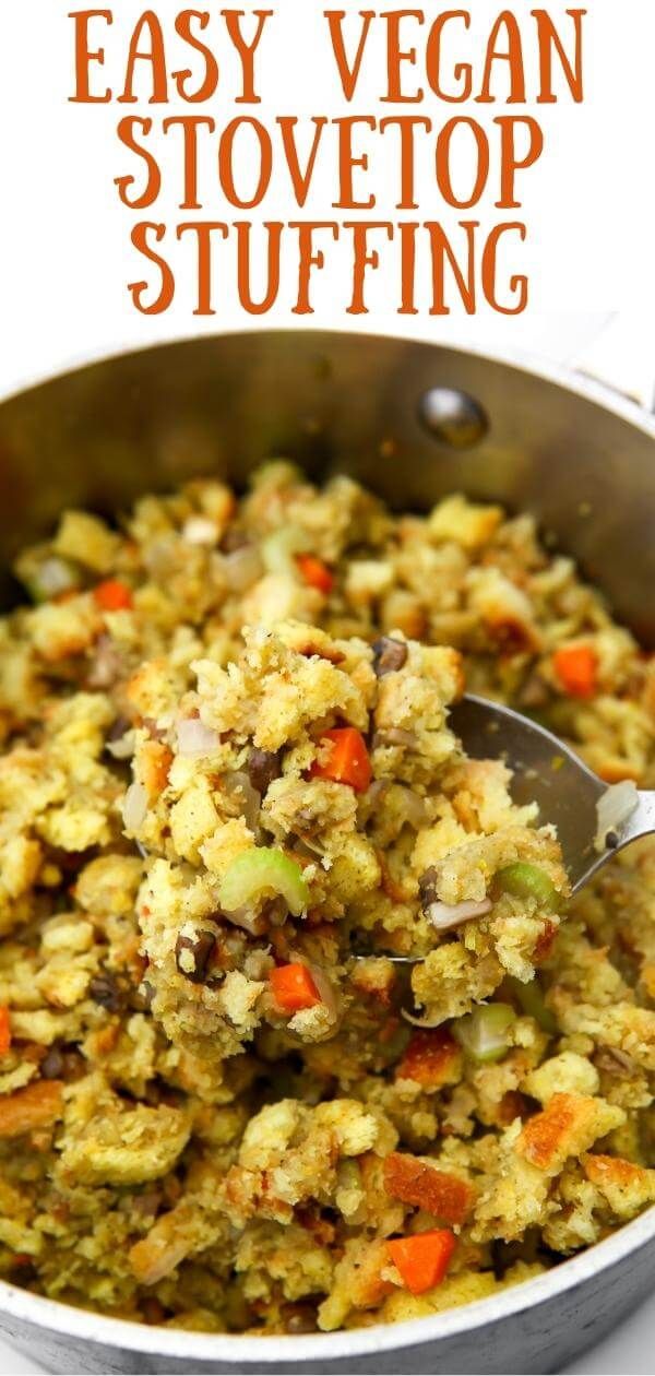 a close up of food in a pan on a table with a title text above it that reads easy vegan stovetop stuffing