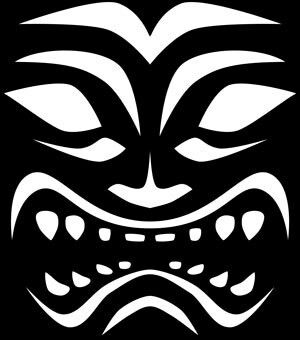 a black and white image of a mask with fangs on it's face, in the shape of a demon