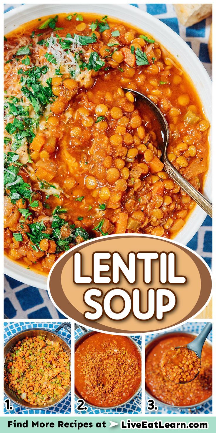 Photo of the lentil soup in the stovetop and served in a dish Stovetop Soup, Vegan Lentil Soup Recipes, Easy Lentil Soup, Soup Recipe Vegan, Healthy Pantry Staples, Healthy Vegetarian Lunch, One Pot Vegetarian, Healthy Pantry, Vegetarian Recipes Dinner Healthy