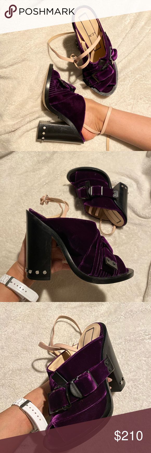 NO. 21 velvet blocky heels Never worn/ new NO.21 super stylish shoes. Purple velvet with sole leather. 5” us size 38. They run one size small!   They were $750 but asking $210 cause they are missing one rhinestone on each shoe   NO original box.  Dont hesitate to ask if you have more questions 😁😁 No. 21 Shoes Heels Luxury Purple Heels With Heel Strap, Luxury Purple Open Heel Heels, Purple Block Heel Shoes For Night Out, Purple Block Heel Heels For Night Out, Purple Heels With Sculpted Open Heel, Purple Block Heels With Stacked Heel, Purple Heels With Stacked Block Heel, Designer Open Heel Purple Heels, Chic Purple Heels For Night Out