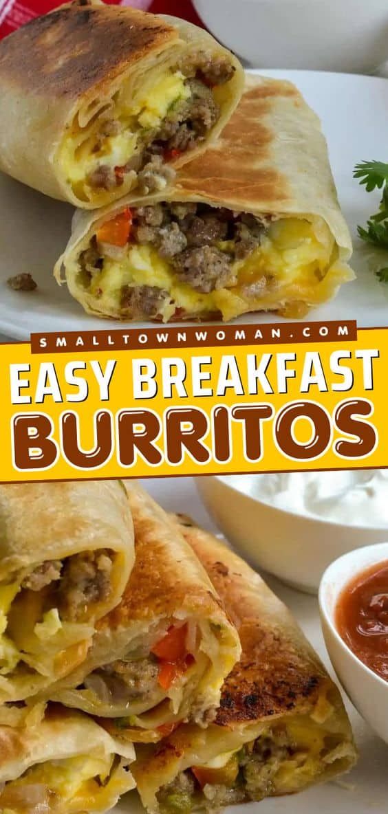 this easy breakfast burrito is loaded with meat and cheese