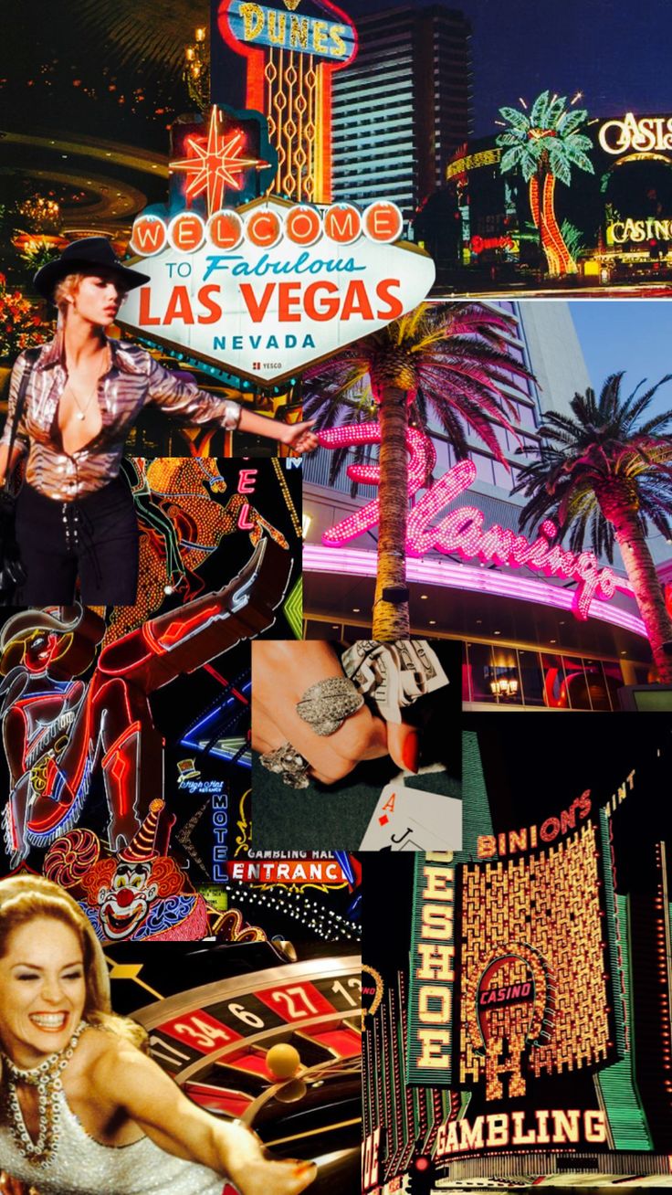 collage of las vegas with casino signs, palm trees and woman in white dress