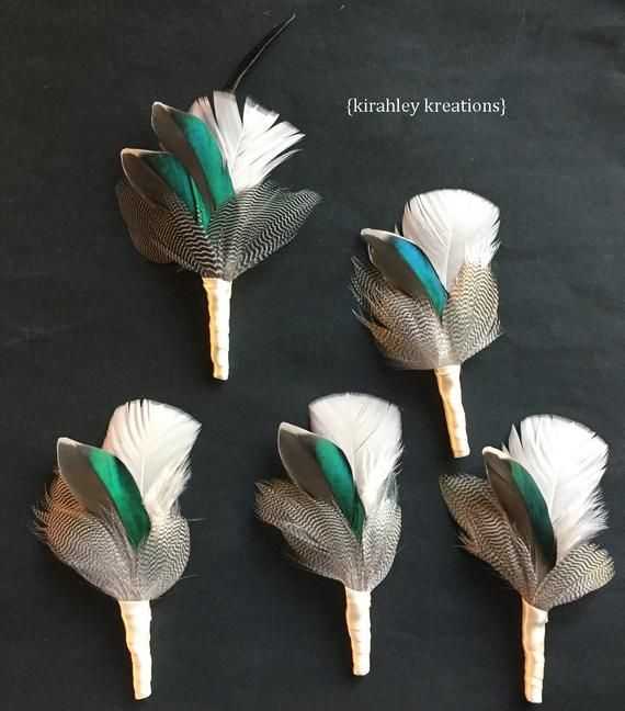 four pieces of white and green feathers are on a black surface