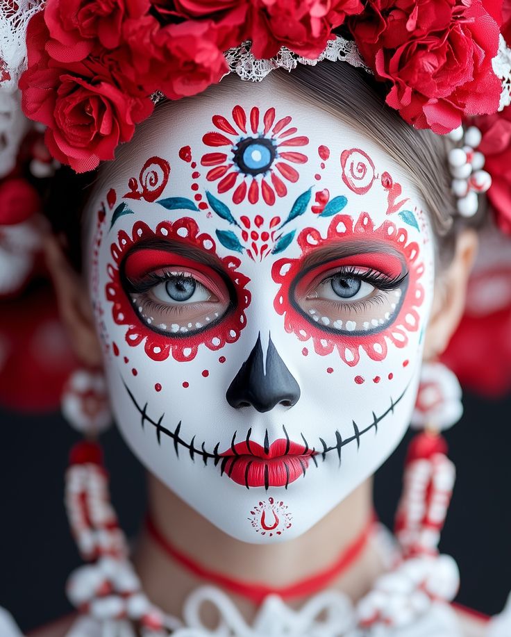 La Catrina 🌸💀 The iconic symbol of Día de los Muertos ✨ Dia De Los Muertos Party Ideas, Mexican Makeup, Halloween Makeup Sugar Skull, Halloweenský Makeup, Dead Makeup, Sugar Skull Girl, Face Paint Makeup, Sugar Skull Makeup, Masquerade Costumes