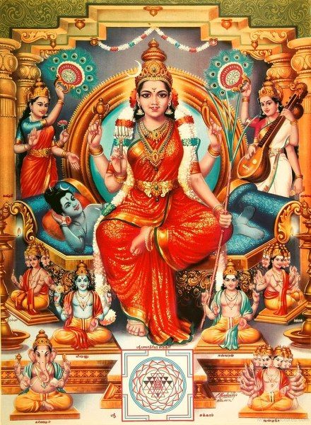 the hindu goddess sitting on a throne surrounded by other deities and their respective body colors