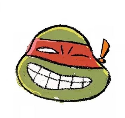 a drawing of a smiling turtle with a red hat on its head and an orange bat sticking out of it's mouth