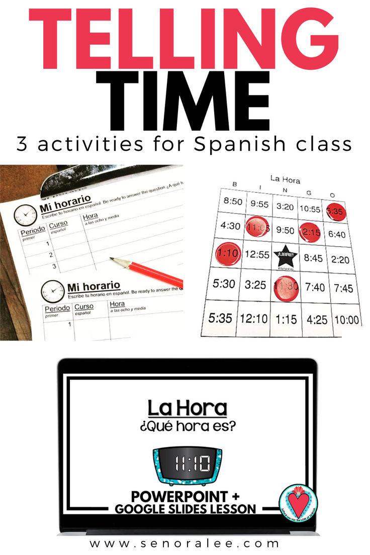 3 Telling Time Activities for Spanish Class - class schedule, bingo game, powerpoint lesson Telling Time In Spanish, Beginning Spanish, Spanish Word Wall, Time In Spanish, Spanish Classroom Decor, How To Tell Time, Telling Time Practice, Teacher Needs, Lesson Activities