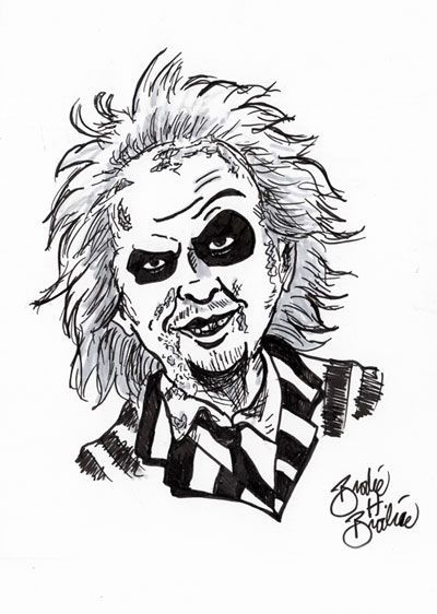 an ink drawing of a clown with his face painted black and white, while wearing a striped shirt