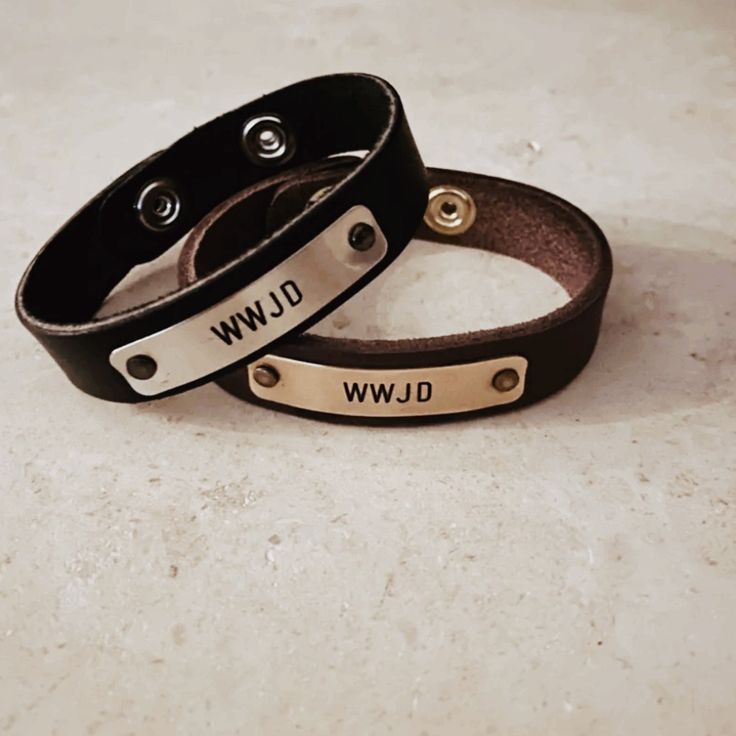 WWJD bracelet -black leather with engraved silver plate or brown leather with brass plate Everyday Leather Jewelry With Engraving Option, Classic Adjustable Name Bracelet For Friendship, Casual Jewelry With Leather Strap Gift, Casual Jewelry With Leather Strap As Gift, Casual Everyday Jewelry With Leather Strap, Casual Leather Strap Bracelets As Gift, Modern Adjustable Name Bracelet For Everyday, Everyday Brown Hand Stamped Bracelet, Brown Hand Stamped Bracelets For Everyday