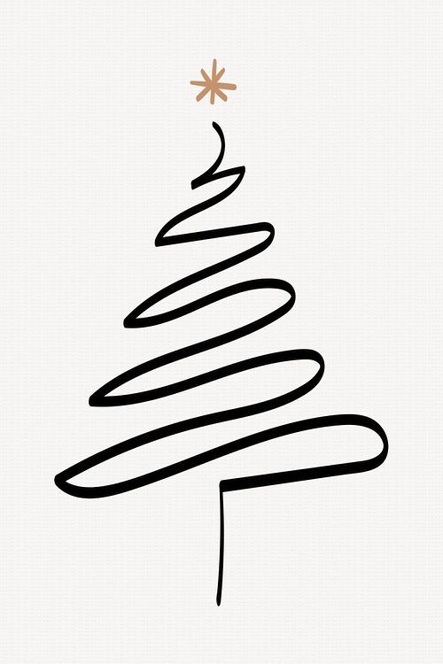 a black and white drawing of a christmas tree with an orange star on it's top