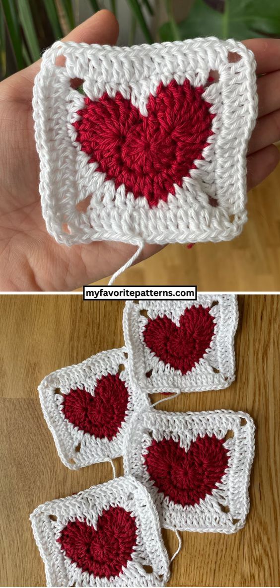 crocheted heart coasters are shown in red and white