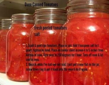 several jars filled with fresh pickled tomatoes on a counter top in front of the caption that says, open canned tomatoes