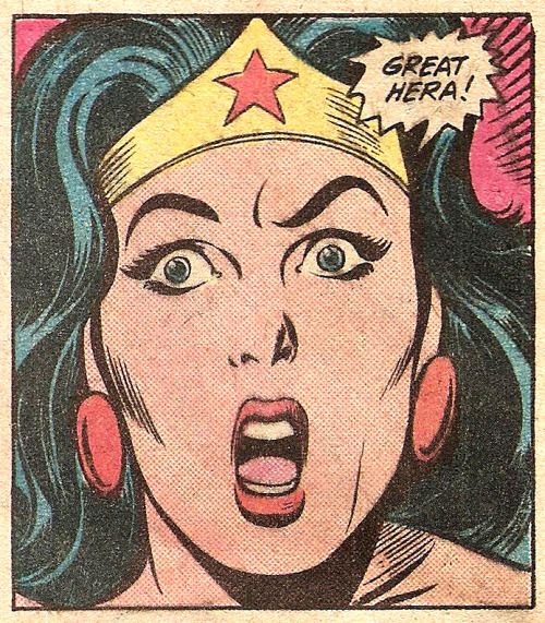 a comic book page with an image of a woman wearing a tiara and making a surprised face