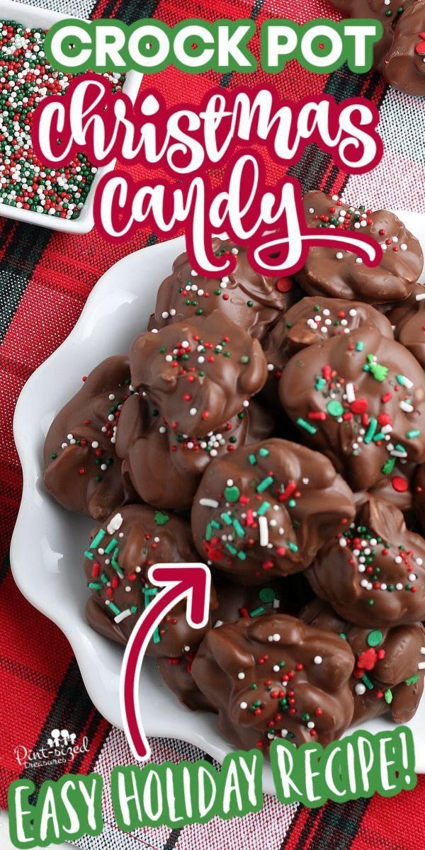 a plate full of chocolate christmas candy on a plaid table cloth with the words crockpot christmas candy