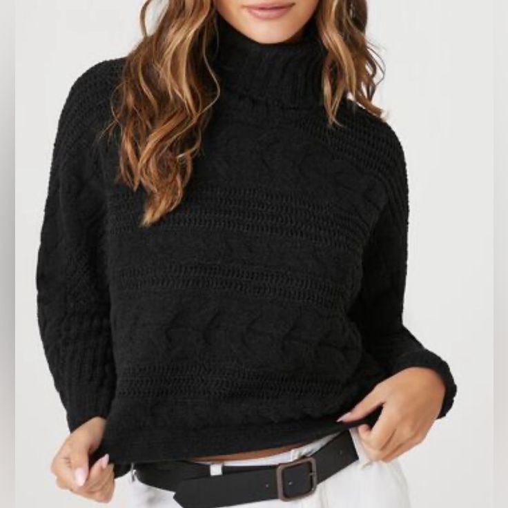 Forever 21, New With Tags Black Soft Knit Top For Fall, Soft Knit Black Top For Fall, Soft Knit Top In Black For Fall, Trendy Black Winter Knit Top, Trendy Black Knit Top For Fall, Black Casual Soft Knit Top, Black Cable Knit Trendy Sweater, Black Trendy Cable Knit Sweater, Trendy Black Cable Knit Sweater