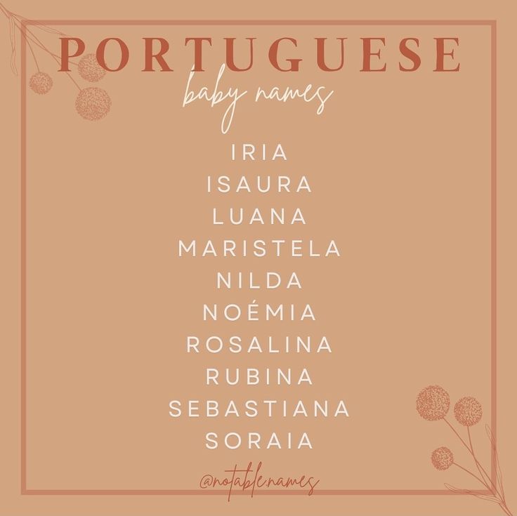 the portuguese language for baby names is shown in pink and orange tones, with an ornate frame