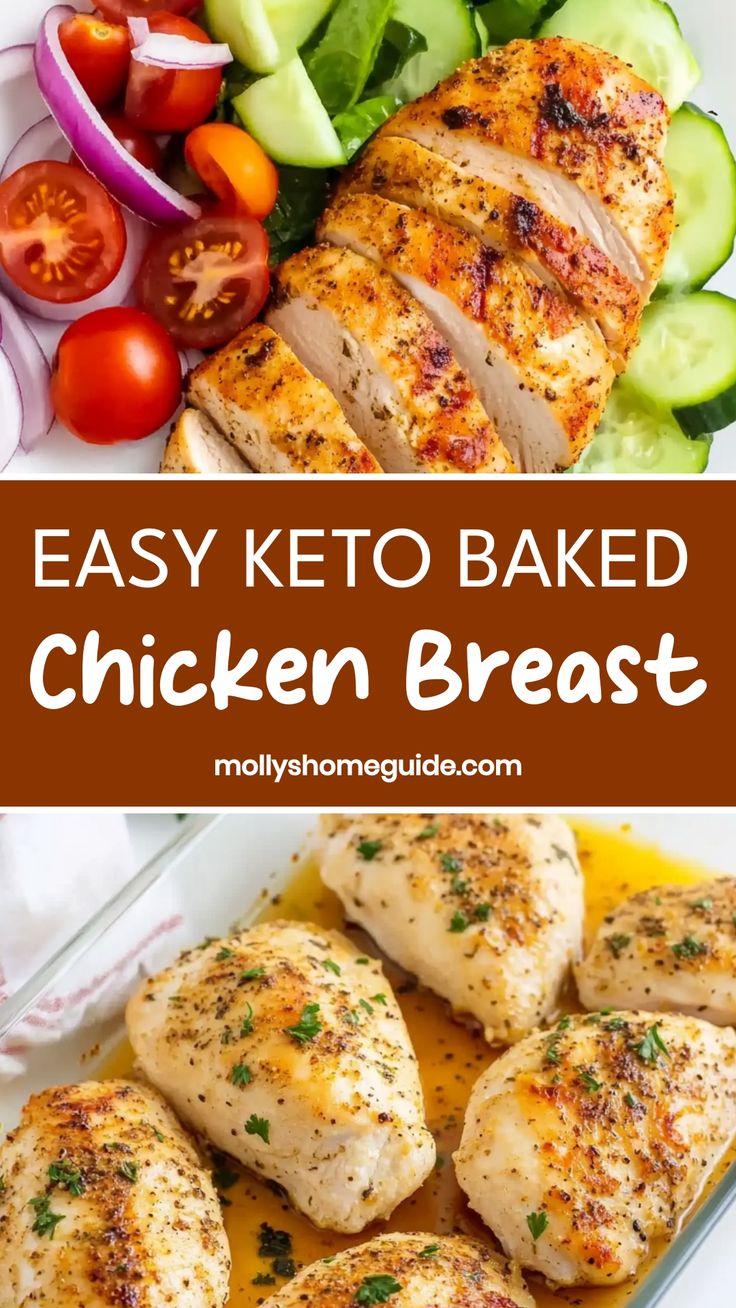 easy keto baked chicken breast with fresh vegetables in the background and text overlay