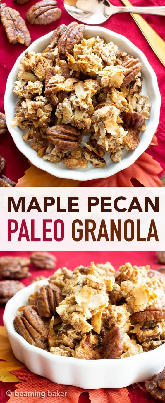 maple pecan paleo granola in a white bowl on top of a red table cloth