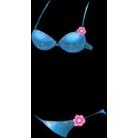 two blue bikinis with pink flowers on them