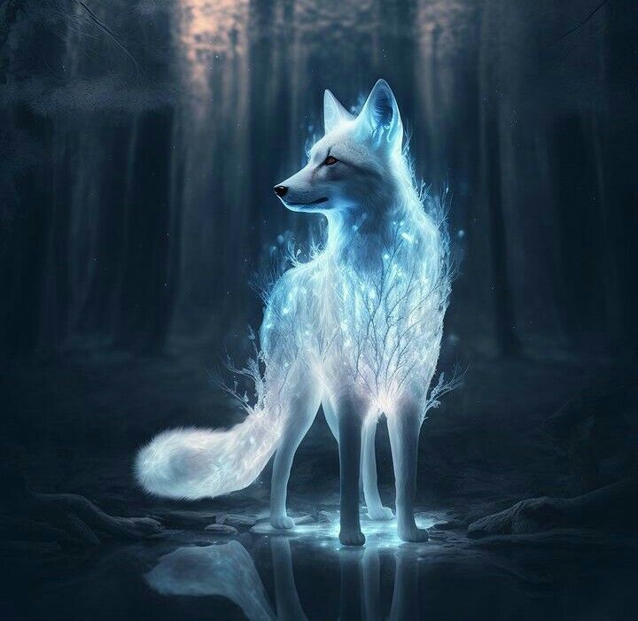 a white wolf standing in the middle of a forest with blue fire on its face