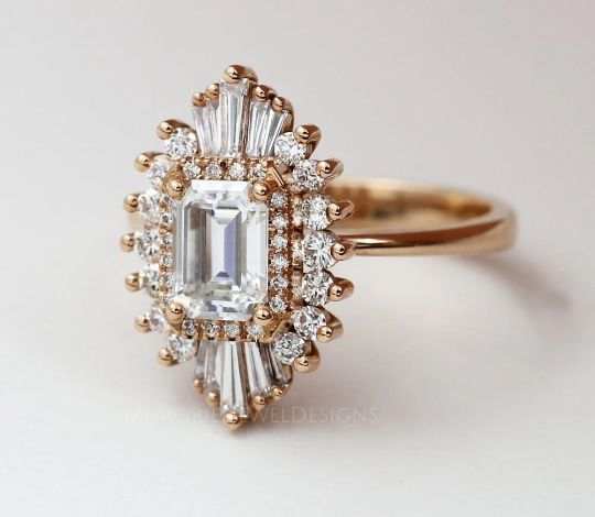 14k Rose Gold Emerald Cut Moissanite Engagement Ring, Starburst Ring, Vintage Lab Diamond Wedding Ring, emerald cut ring, emerald diamond ring, emerald moissanite, emerald wedding ring, gatsby ring, ballerina ring, lab diamond ring, halo diamond ring, cluster diamond ring, 14k rose gold ring, starburst ring Starburst Engagement Ring, Gatsby Ring, Heidi Gibson, Emerald Cut Moissanite Engagement Ring, Halo Wedding Ring, Real Diamond Rings, Moissanite Engagement Ring Halo, Emerald Cut Moissanite, Wedding Rings Halo