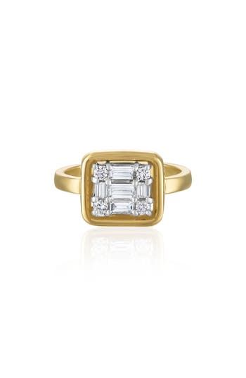 Brilliant, mixed-cut diamonds framed in a cube-shaped setting light up this stunning ring rendered in gleaming 18-karat gold. Total diamond weight: 0.48ct. Color: G–H Clarity: VS 18k gold/diamond Made in USA >Diamond Guide Luxury Octagon Diamond Ring With Single Cut Diamonds, Luxury Octagon Diamond Ring With Baguette Diamonds, Luxury Baguette Cut Cluster Ring With Single Cut Diamonds, Square Cut Diamond Ring With Rose Cut Diamonds, Luxury Octagon Baguette Diamond Ring, Luxury Emerald Cut Diamond Ring With Single Cut Diamonds, Square Cut Baguette Diamond Ring, Diamond Ring With Baguette Diamonds In Octagon Shape, Luxury Yellow Gold Cluster Ring With Emerald Cut