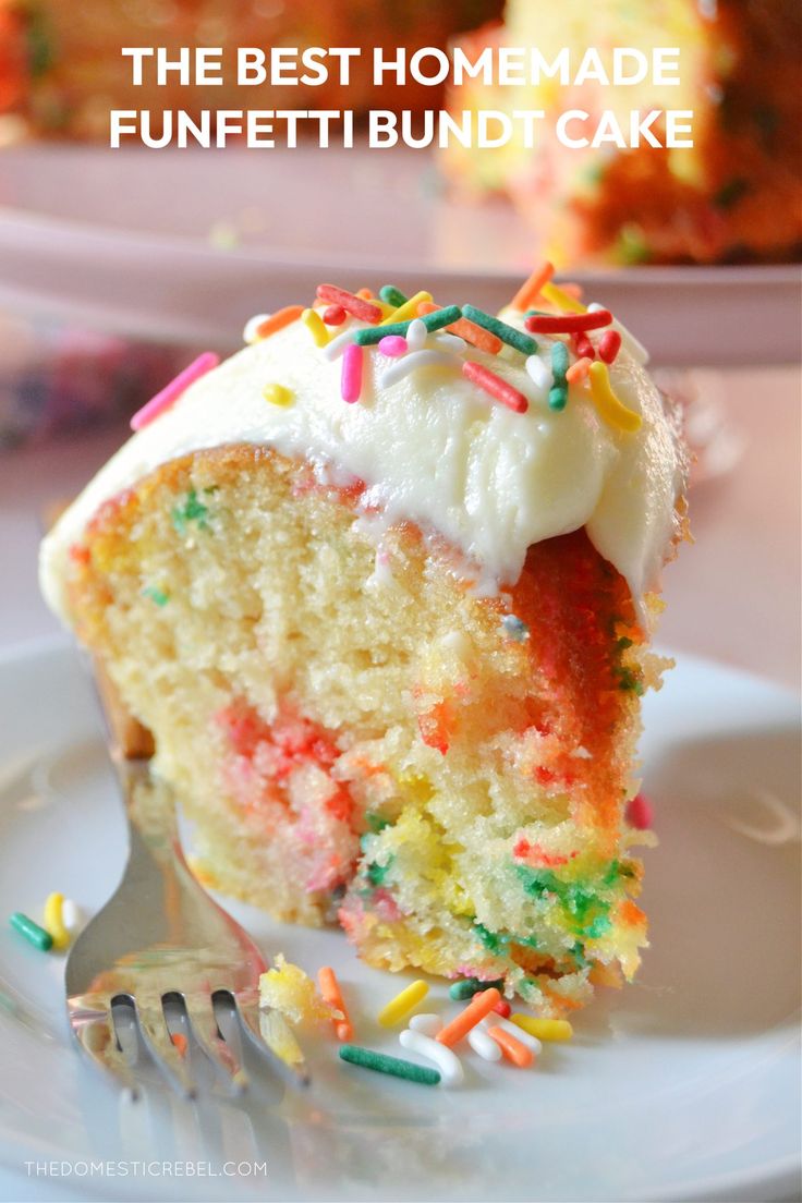 the best homemade funfetti bundt cake with white frosting and sprinkles