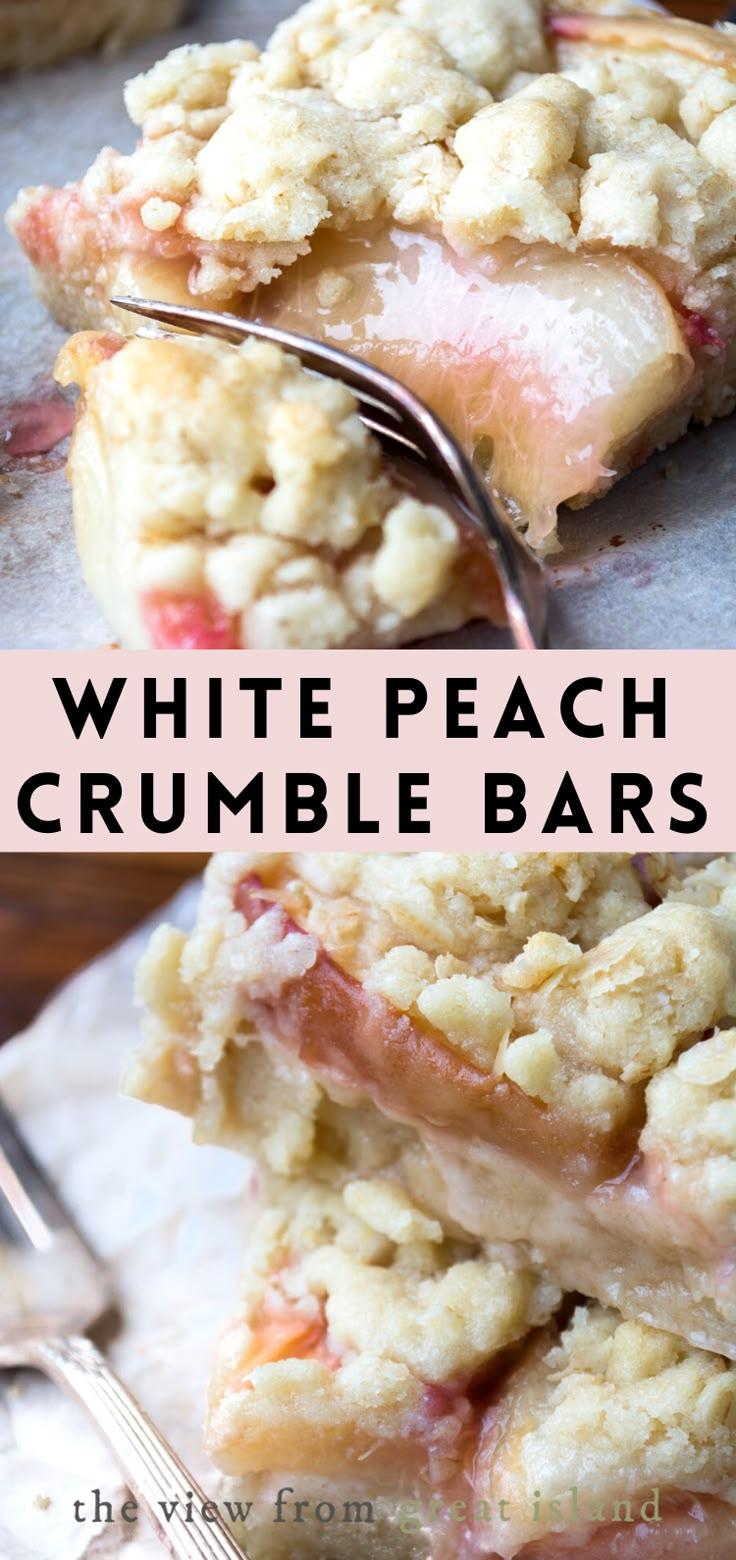 white peach crumble bars are stacked on top of each other with the words, white peach crumble bars