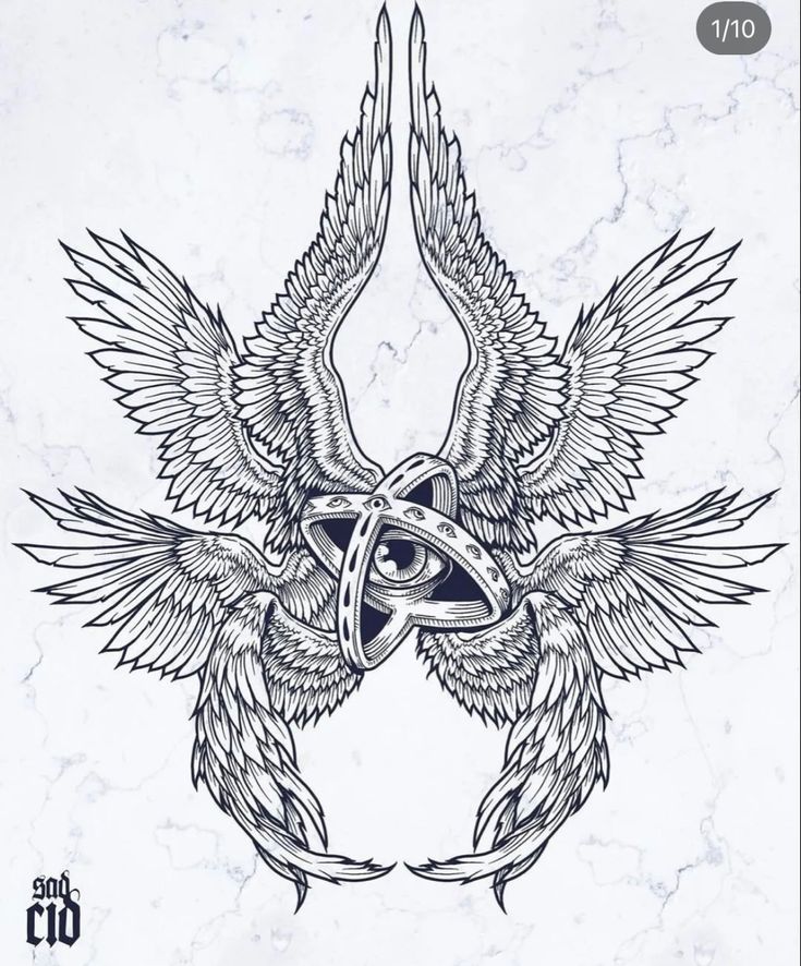 an artistic tattoo design with two wings and a celtic knot in the center on a marble background