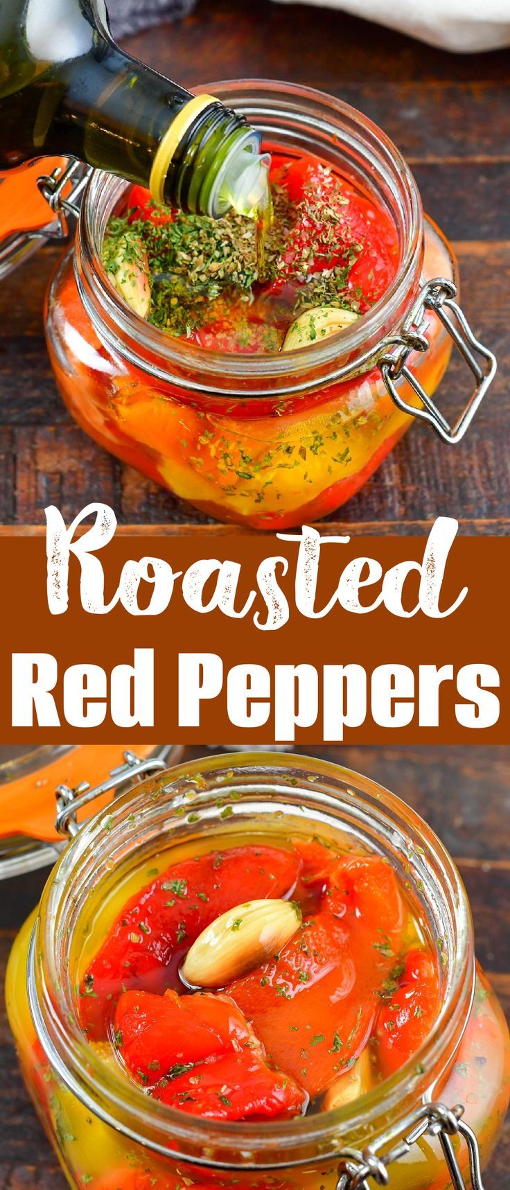 two jars filled with roasted red peppers on top of a wooden table