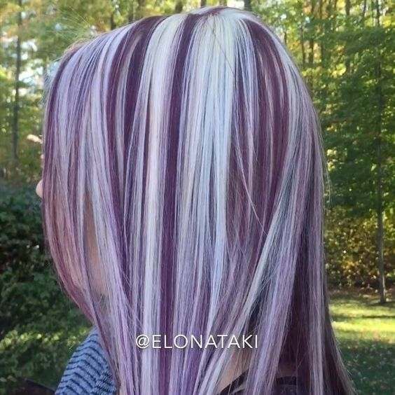 Hair Highlights Purple, Blonde Hair With Purple, Purple Highlights Blonde Hair, Random Hairstyles, Highlights Purple, Pinwheel Hair Color, Purple Grey Hair, Streaked Hair, Silver Hair Highlights