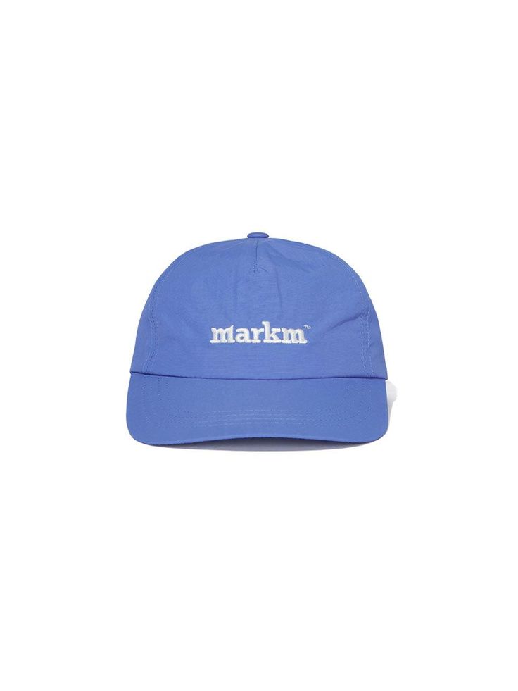 a blue hat with the words markin printed in white on it, against a white background