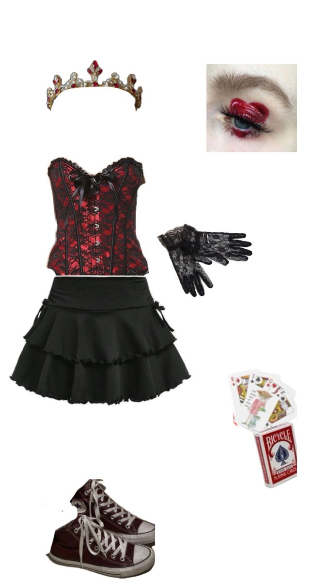 a woman's outfit with red and black accessories including shoes, an eyeliners,