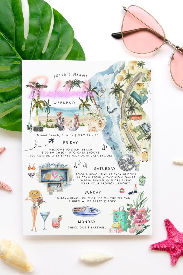 the illustrated map of miami, florida on a card next to sunglasses and starfish