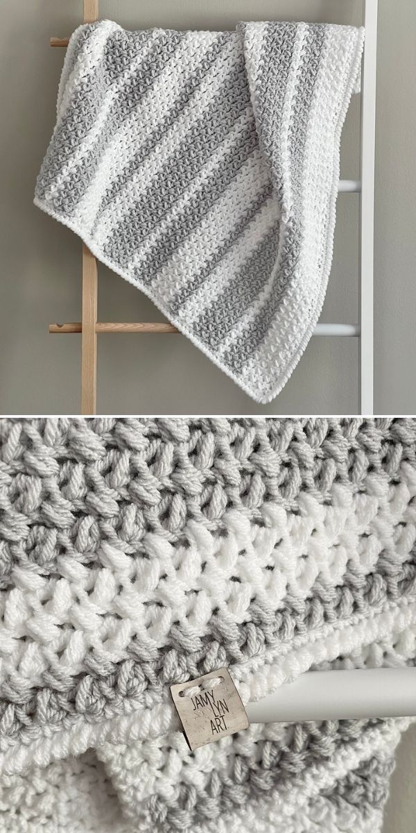 two photos with the same blanket on top and bottom, one in grey and white