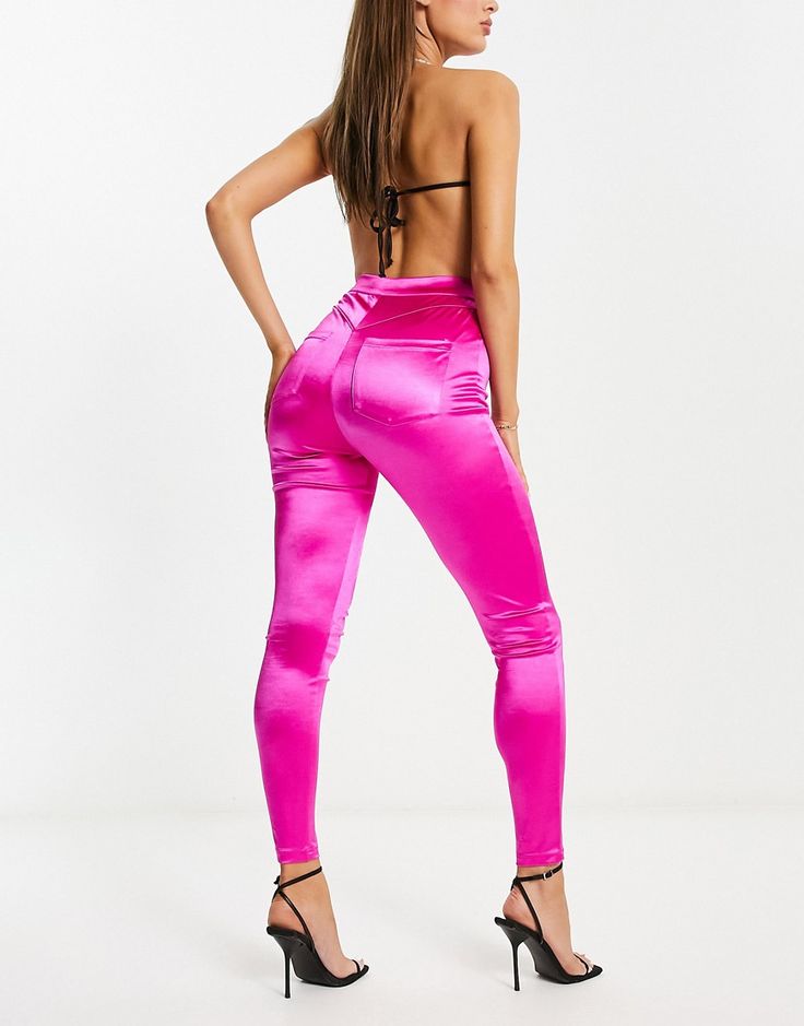 Pants & Leggings by Kaiia Lower-half looks High rise Belt loops Functional pockets bodycon fit Satin Leggings, Pvc Trousers, Disco Leggings, Body Conscious, Valentine's Day Outfit, Pink Fashion, Pants Leggings, Outfit Of The Day, High Waist