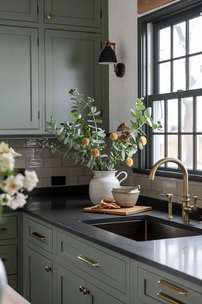 a kitchen with green cabinets and white flowers in a vase on the sink countertop