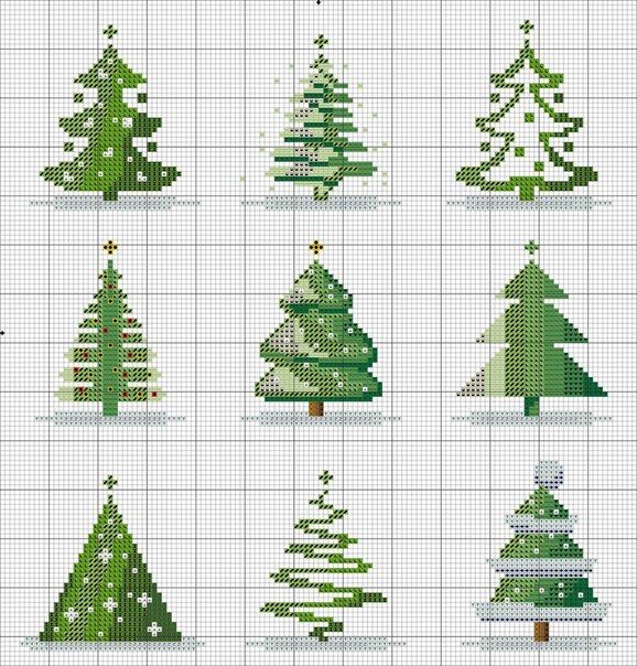 cross stitch christmas trees in green and white