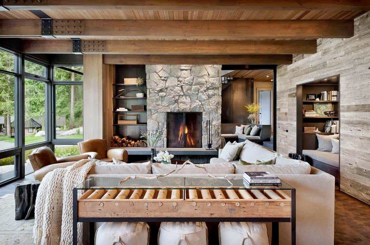 a living room filled with furniture and a fire place in the middle of it's wall