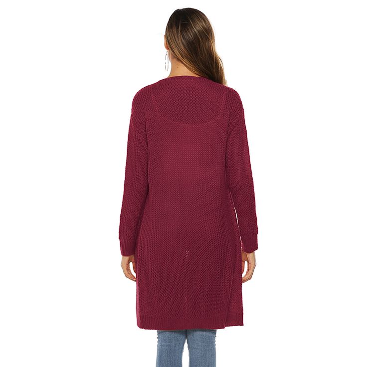 Wine Red Open Front Cardigan with Pockets Red Open Front Winter Sweater, Red Open Front Sweater For Winter, Red Open Front Sweater For Fall, Red Open Front Cardigan For Layering, Red Open Front Layering Cardigan, Red Open Front Sweater For Spring, Red Open Front Spring Sweater, Red Long Sleeve Cardigan For Layering, Burgundy Long Sleeve Cardigan For Winter