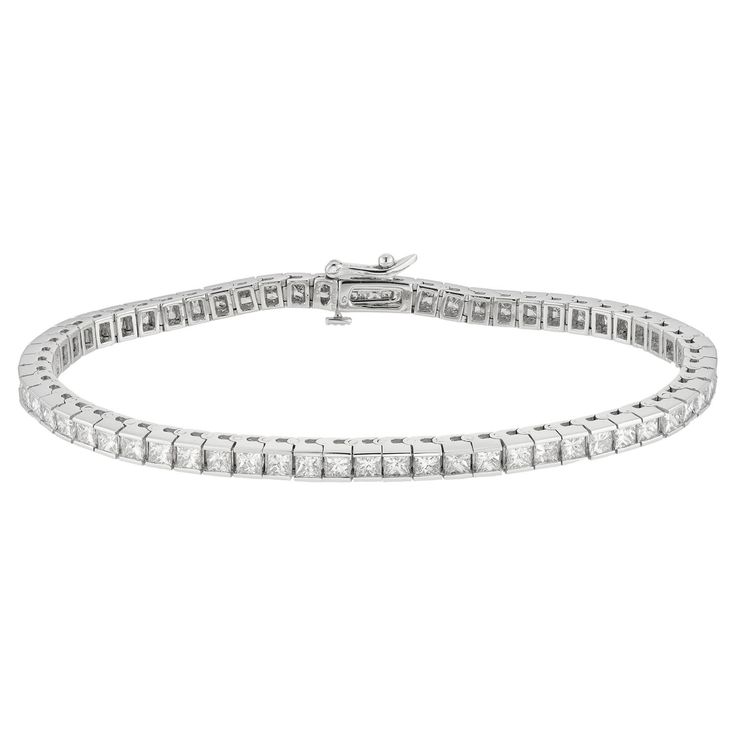 A princess cut diamond line bracelet, the sixty-three princess-cut diamonds, estimated to weigh 6.3 carats in total, assessed to be of F-G colour and VS clarity, channel-set in 14ct white gold mount, hallmarked 14ct gold, London, 2020, bearing the Bentley & Skinner sponsor mark, measuring approximately 18 x 0.3cm, gross weight 15.9 grams. This estate sourced bracelet is in very good condition. This classic diamond bracelet is part of the collection of Bentley & Skinner, the London distinguished Classic Princess Cut Diamond Anniversary Bracelet, Classic Diamond Princess Cut Bracelets, Cubic Zirconia Tennis Bracelet With Diamond Accents, Baguette Cut, Cubic Zirconia Diamond-cut Tennis Bracelet, Luxury Cubic Zirconia Multi-stone Tennis Bracelet, Princess Cut Gold, Bracelet Tennis, White Gold Sapphire, Modern Bracelets