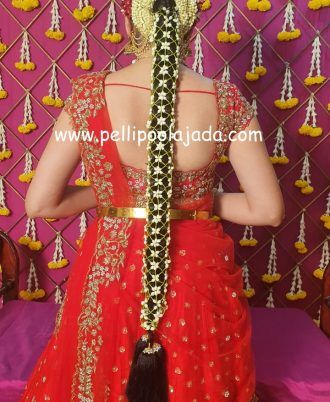 Pelli Poola Jada | Shop Pelli Poola Jada, South Indian Wedding Hairstyles, Poola Jada, Bridal Hair Decorations, Bridal Hairstyle Indian Wedding, Hair Style On Saree, Wedding Flower Jewelry, Function Hall, Flower Garland Wedding