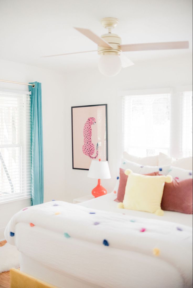 Colorful bedroom 
Airbnb 
Rental property 
Fredericksburg White Bedding With Pops Of Color, Bedroom With Colorful Accents, Fun Colorful Bedroom, Bright Color Bedroom Ideas, Bright Bedroom Decor, Bright Bedroom Colors, Minimal Bedroom Ideas, Colorful Bedroom, Brighter Bedroom