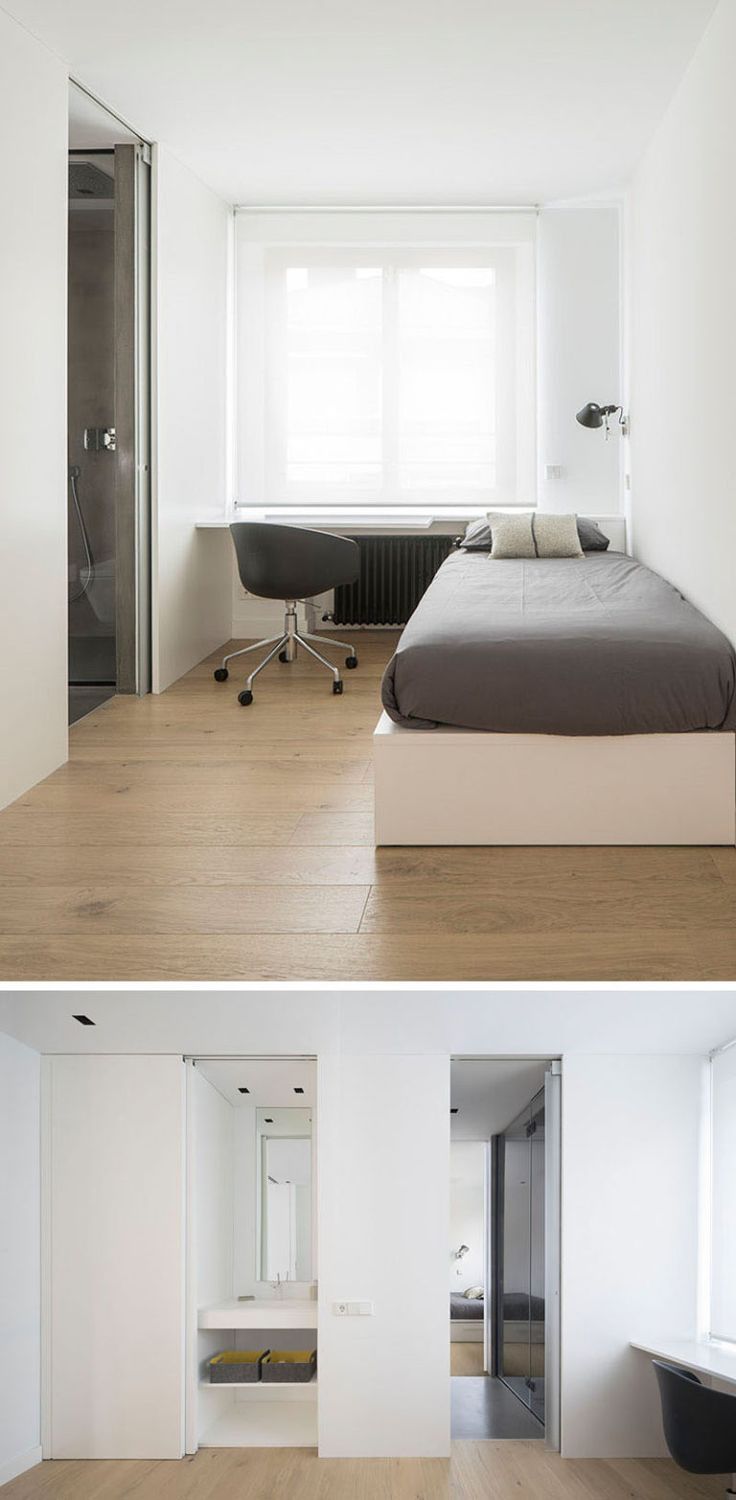 two pictures of a bedroom with white walls and wood flooring, one has a large bed