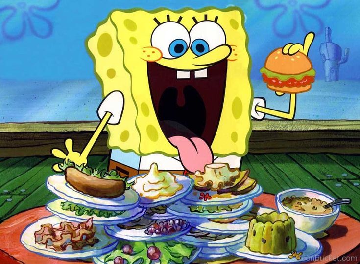 spongebob with his mouth wide open standing over plates of food